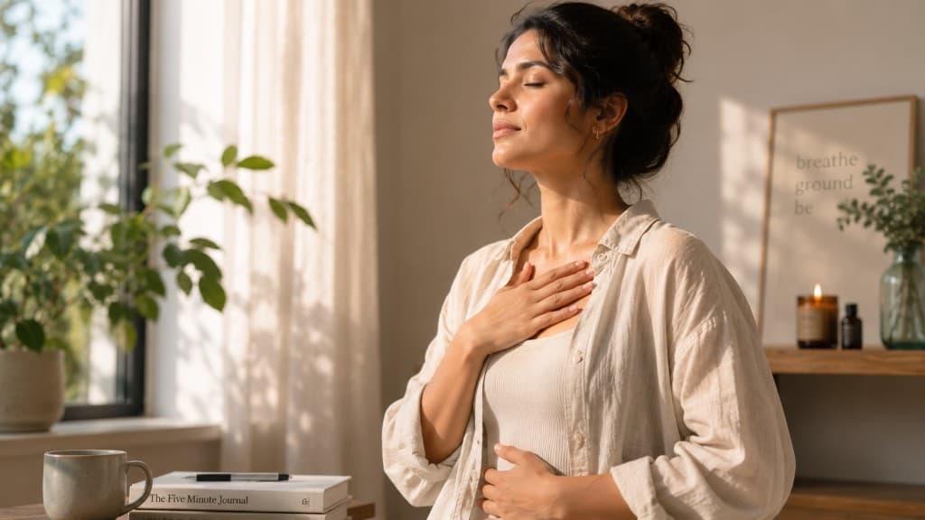 Woman practicing mindful breathwork in a calm, sunlit wellness space