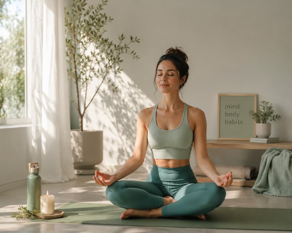 Woman meditating in lotus pose on a sage green yoga mat