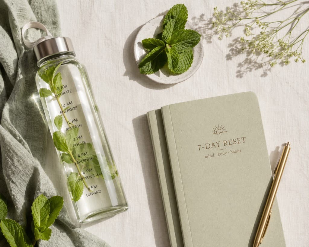 7-Day Reset journal and glass water bottle on a linen surface