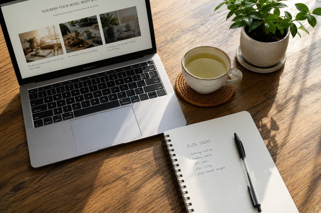 Calm workspace with laptop, herbal tea, and wellness blog planning