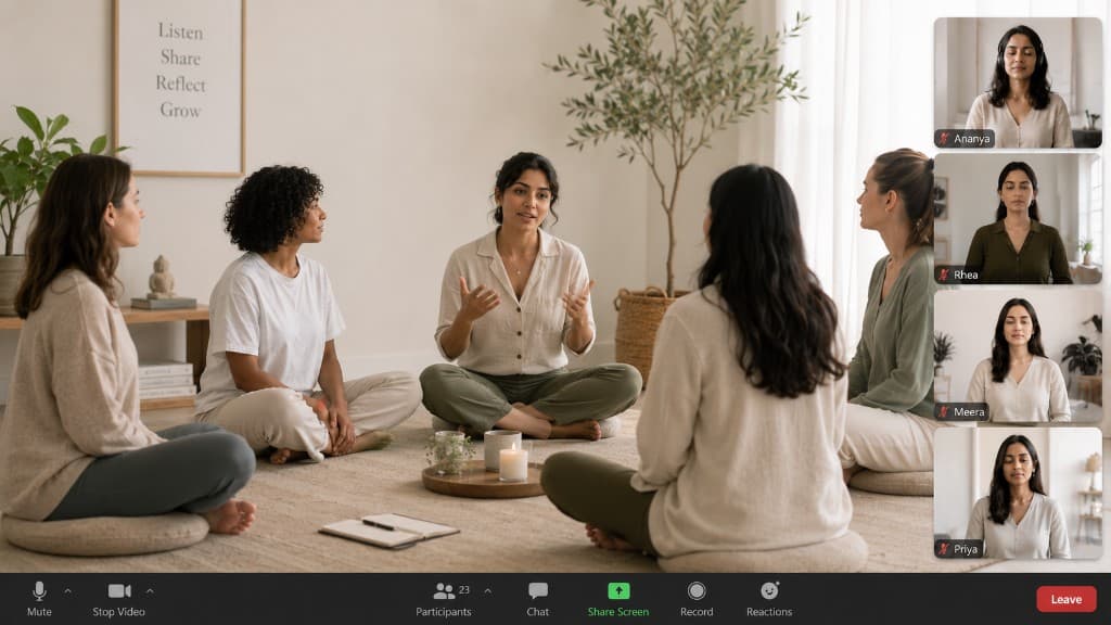 Group wellness coaching session with in-person and virtual participants