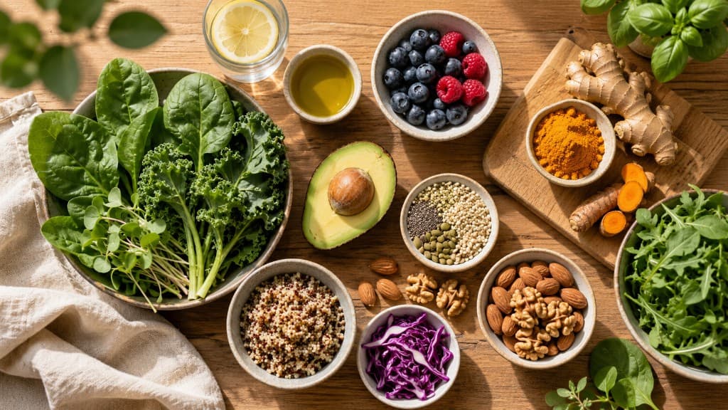 Fresh whole-food ingredients arranged for clean, nourishing meals
