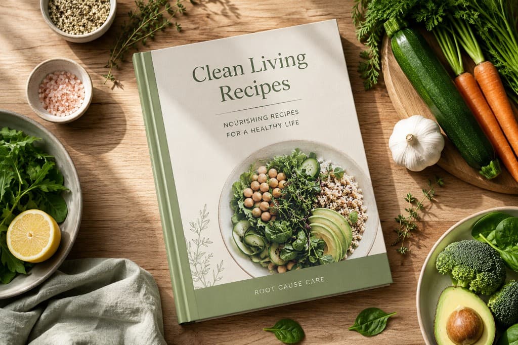 Clean Living Recipes cookbook surrounded by fresh ingredients