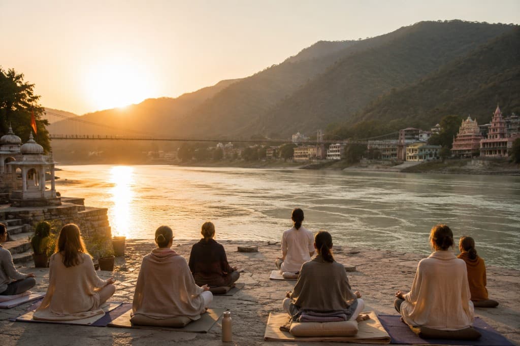 Group meditation at sunrise beside a tranquil river during a wellness retreat